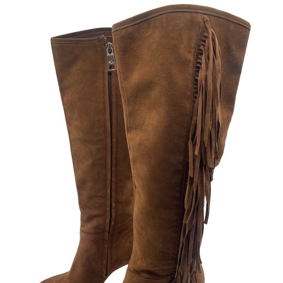 Lauren Ralph Lauren Camel Suede and Leather Fringe High Heel Boots Size 7 - Picture 5 of 11